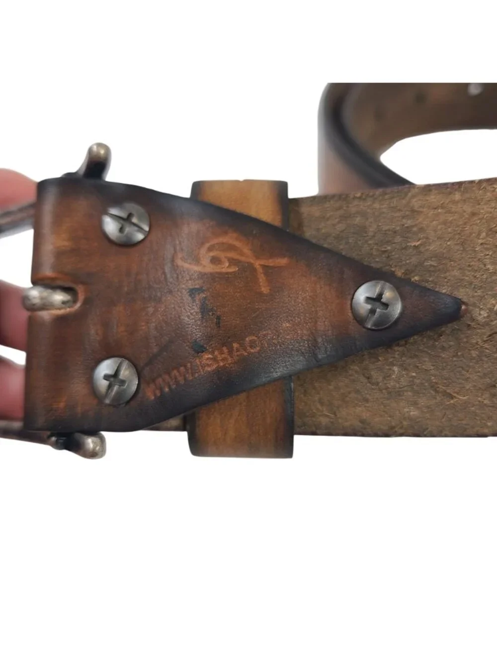NEW Ishaor Handcrafted Brown Tooled Leather Belt Silver Buckle 1.5